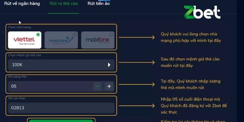 Rút tiền Zbet bằng thẻ cào