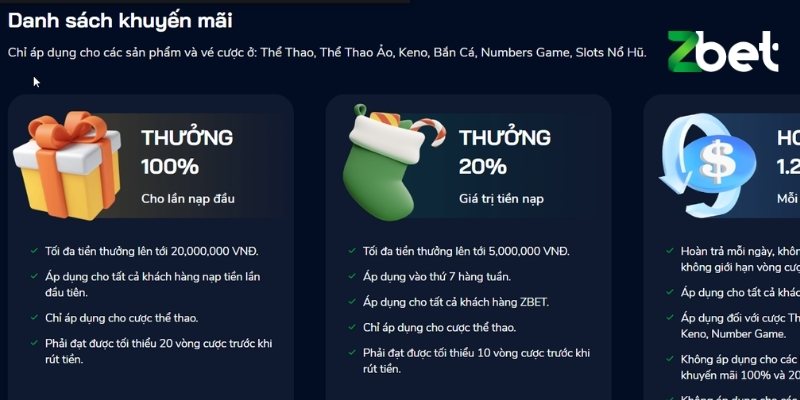 Khuyến mãi Zbet 20% giá trị tiền nạp