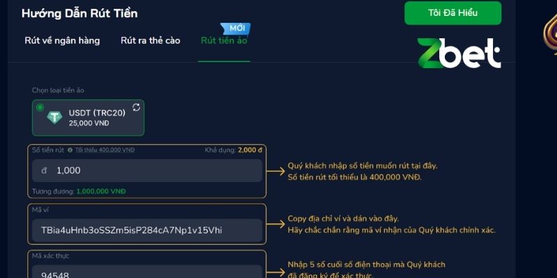 Hướng dẫn rút tiền Zbet từng bước