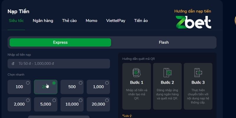 Các phương thức nạp tiền Zbet