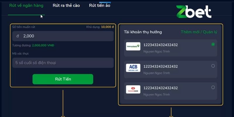 Chi tiết về các phương thức rút tiền Zbet