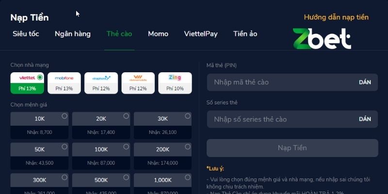 Quy trình nạp tiền Zbet chi tiết